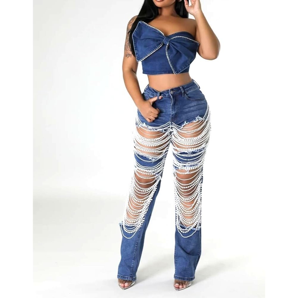 Women Ripped Destroyed Blue Jeans Pearl Chain Embellish Size M (30x32)
